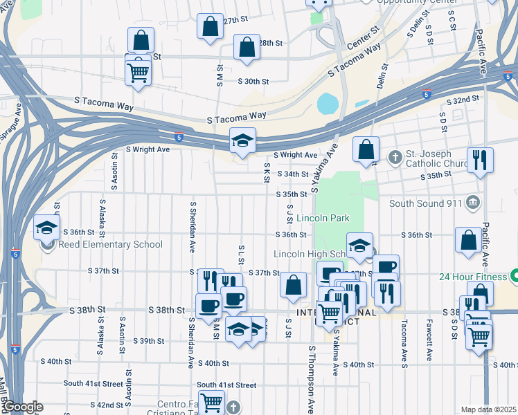 map of restaurants, bars, coffee shops, grocery stores, and more near 3514 South K Street in Tacoma