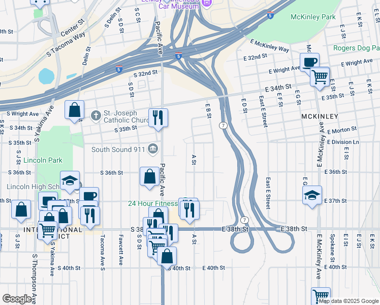map of restaurants, bars, coffee shops, grocery stores, and more near 3576 A Street in Tacoma