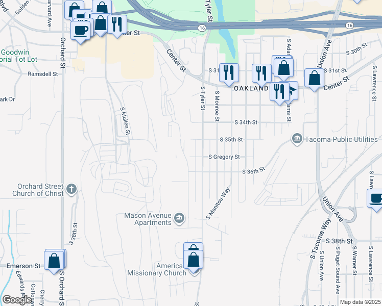 map of restaurants, bars, coffee shops, grocery stores, and more near 4219 South Gregory Street in Tacoma
