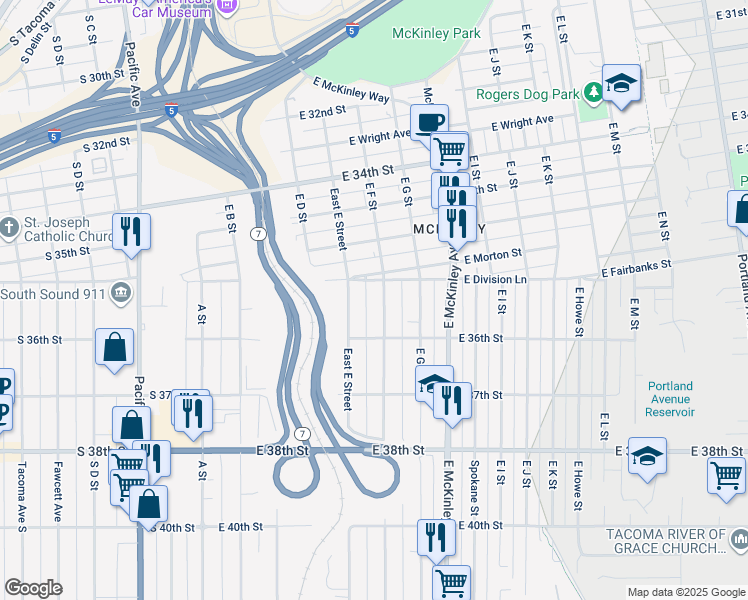 map of restaurants, bars, coffee shops, grocery stores, and more near 3574 East F Street in Tacoma