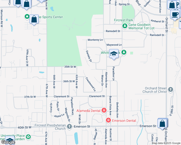map of restaurants, bars, coffee shops, grocery stores, and more near 1036 Rosewood Lane in Fircrest