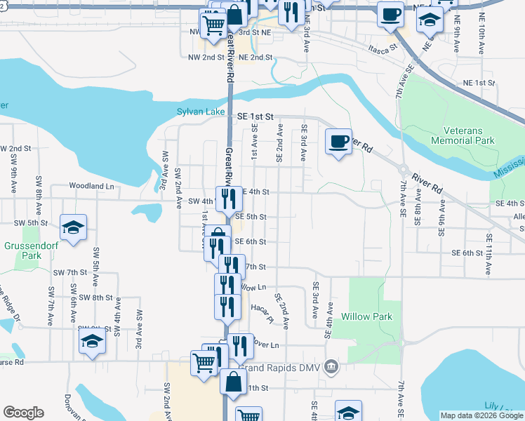 map of restaurants, bars, coffee shops, grocery stores, and more near 105 Southeast 5th Street in Grand Rapids