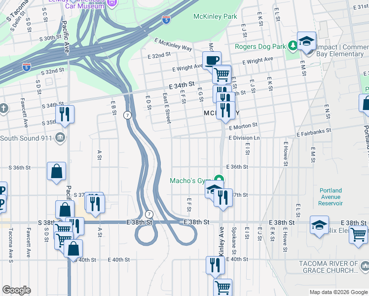 map of restaurants, bars, coffee shops, grocery stores, and more near 3574 East F Street in Tacoma