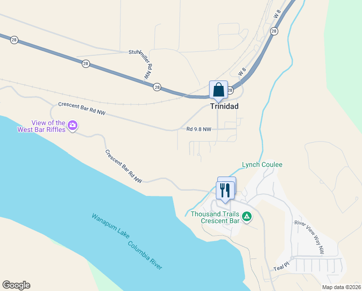 map of restaurants, bars, coffee shops, grocery stores, and more near 9769 Crescent Bar Road Northwest in Quincy