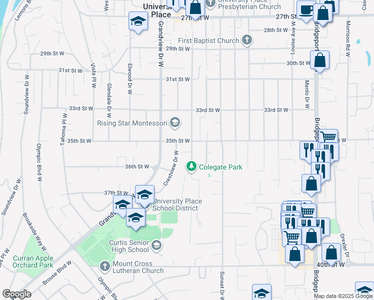 map of restaurants, bars, coffee shops, grocery stores, and more near 3511 Crestview Drive West in University Place