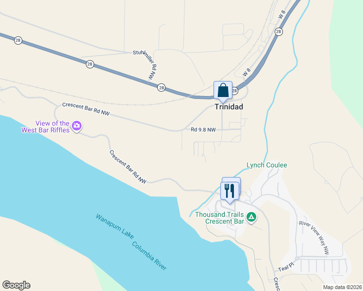 map of restaurants, bars, coffee shops, grocery stores, and more near 1091 Crescent Bar Road Northwest in Quincy