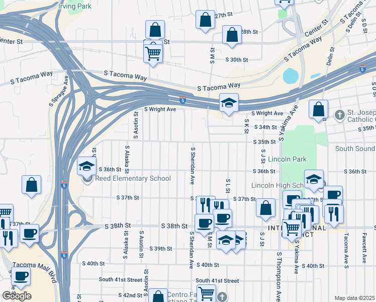map of restaurants, bars, coffee shops, grocery stores, and more near 3514 South Sheridan Avenue in Tacoma