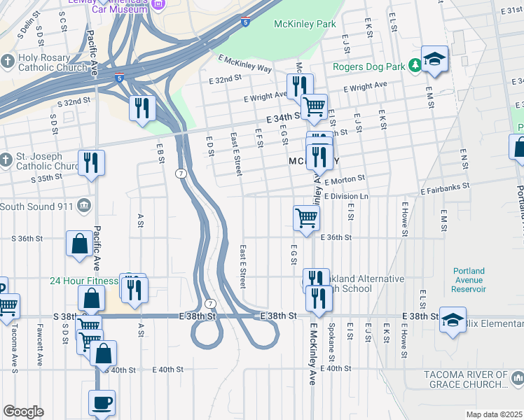 map of restaurants, bars, coffee shops, grocery stores, and more near 3574 East F Street in Tacoma