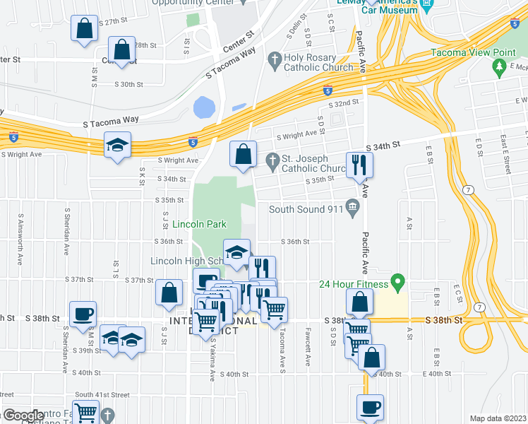 map of restaurants, bars, coffee shops, grocery stores, and more near 3571 South G Street in Tacoma