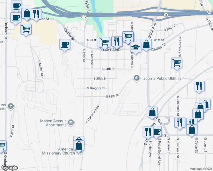 map of restaurants, bars, coffee shops, grocery stores, and more near 3518 South Madison Street in Tacoma