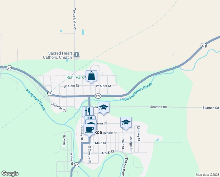 map of restaurants, bars, coffee shops, grocery stores, and more near 302 East Alder Street in Tekoa