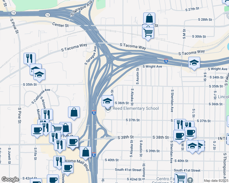 map of restaurants, bars, coffee shops, grocery stores, and more near 3515 South Ash Street in Tacoma