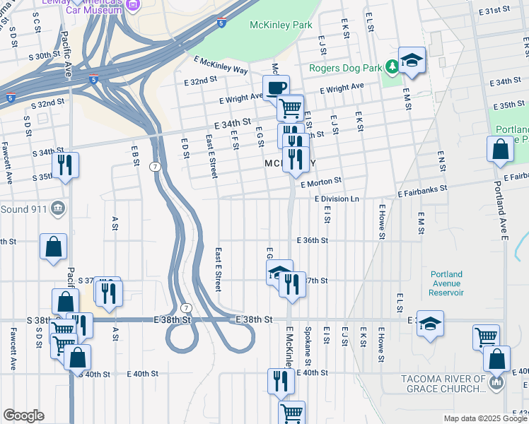 map of restaurants, bars, coffee shops, grocery stores, and more near 3574 East G Street in Tacoma