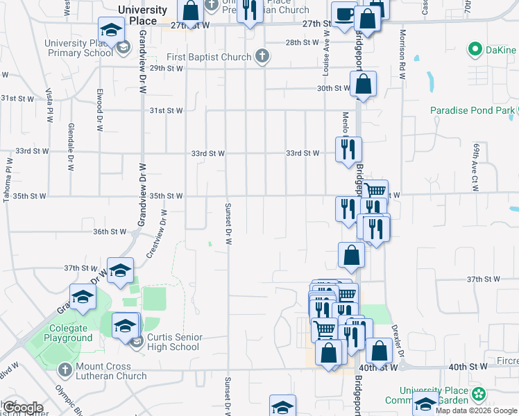 map of restaurants, bars, coffee shops, grocery stores, and more near 3515 79th Avenue West in University Place
