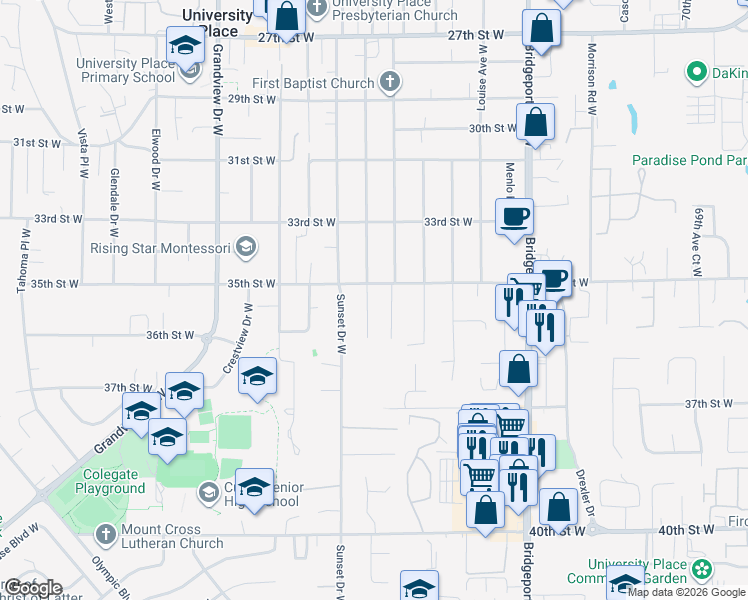 map of restaurants, bars, coffee shops, grocery stores, and more near 3509 Locust Avenue West in University Place