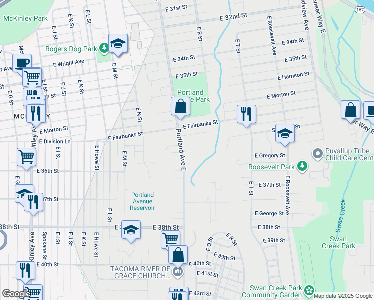 map of restaurants, bars, coffee shops, grocery stores, and more near 3571 Portland Avenue East in Tacoma