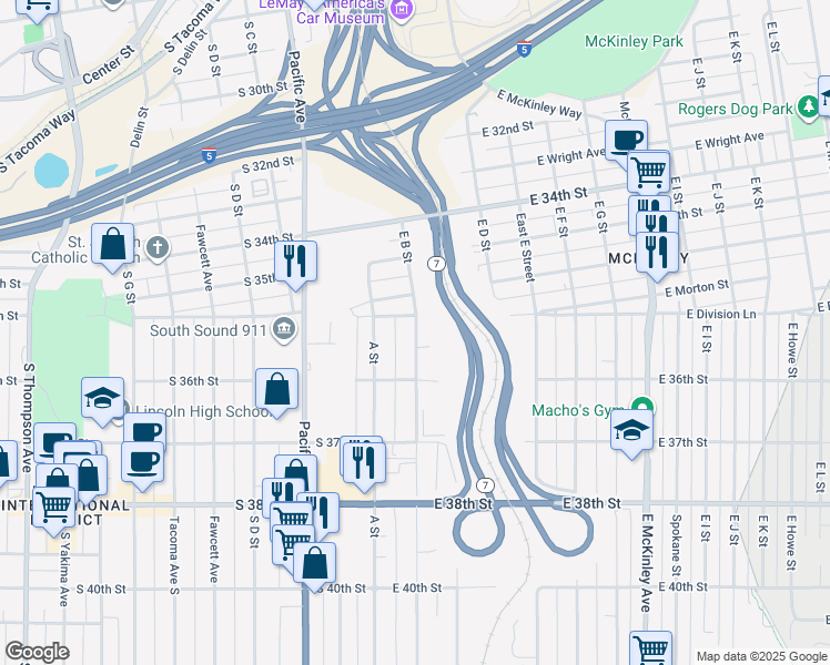 map of restaurants, bars, coffee shops, grocery stores, and more near 3574 East B Street in Tacoma