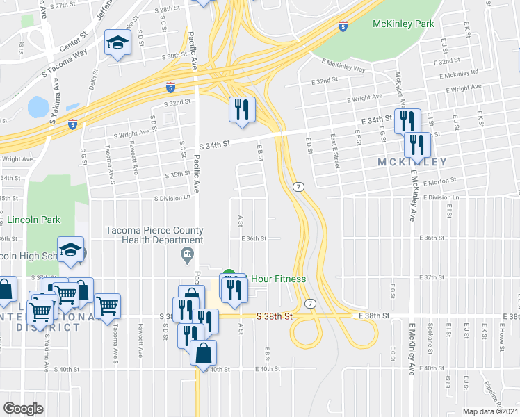 map of restaurants, bars, coffee shops, grocery stores, and more near 3574 East B Street in Tacoma