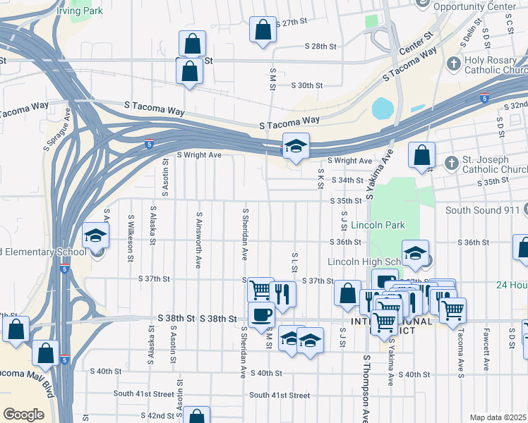 map of restaurants, bars, coffee shops, grocery stores, and more near 3514 South M Street in Tacoma