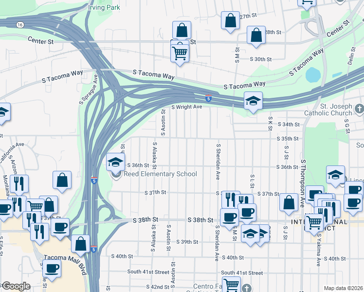 map of restaurants, bars, coffee shops, grocery stores, and more near 3516 South Ainsworth Avenue in Tacoma