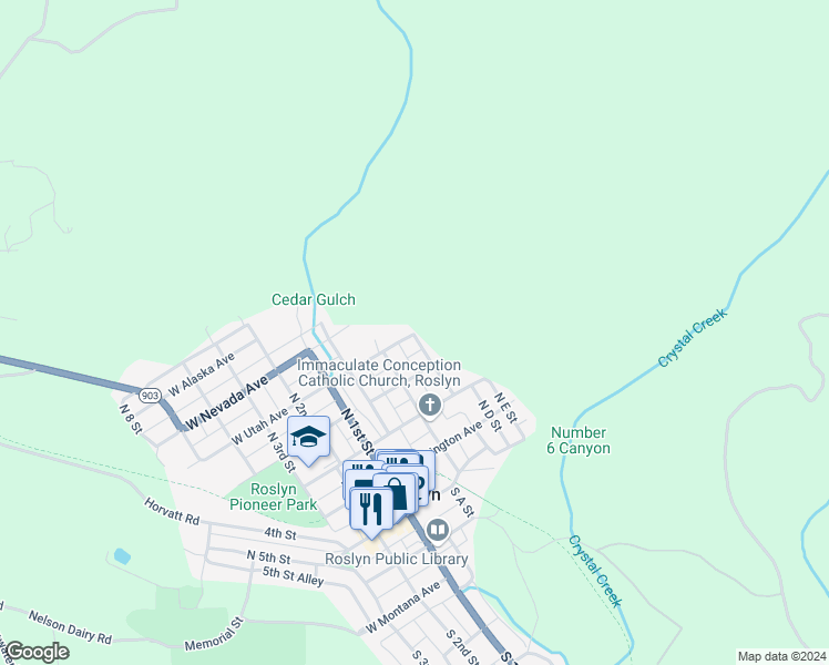 map of restaurants, bars, coffee shops, grocery stores, and more near 805 North C Street in Roslyn