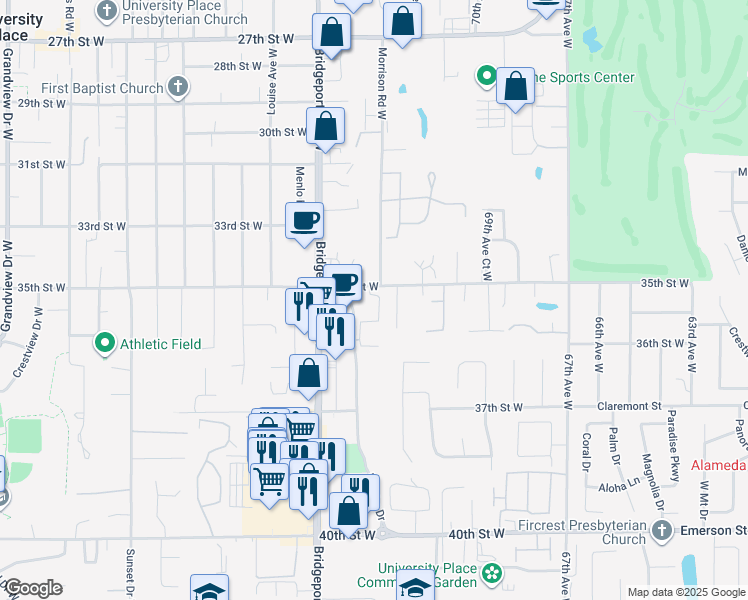 map of restaurants, bars, coffee shops, grocery stores, and more near 3517 73rd Avenue Court West in University Place