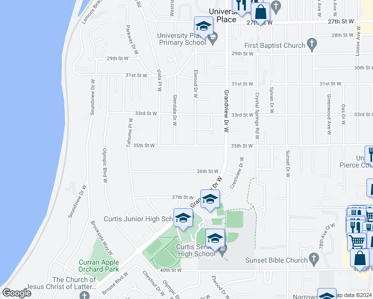 map of restaurants, bars, coffee shops, grocery stores, and more near 8714 35th Street West in University Place