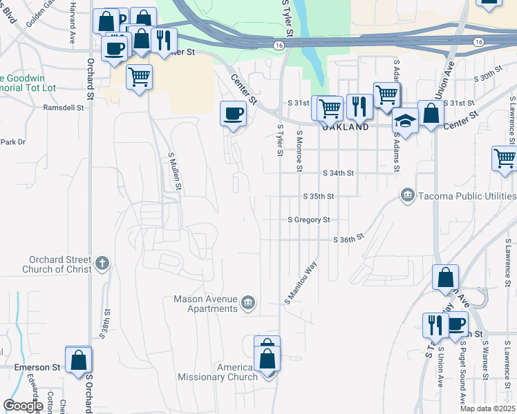 map of restaurants, bars, coffee shops, grocery stores, and more near 4219 South Gregory Street in Tacoma