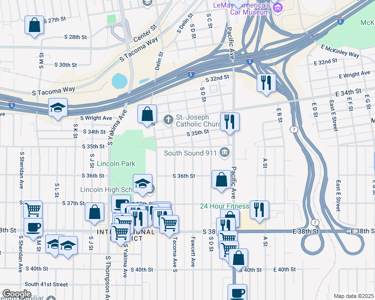 map of restaurants, bars, coffee shops, grocery stores, and more near 3575 Fawcett Avenue in Tacoma