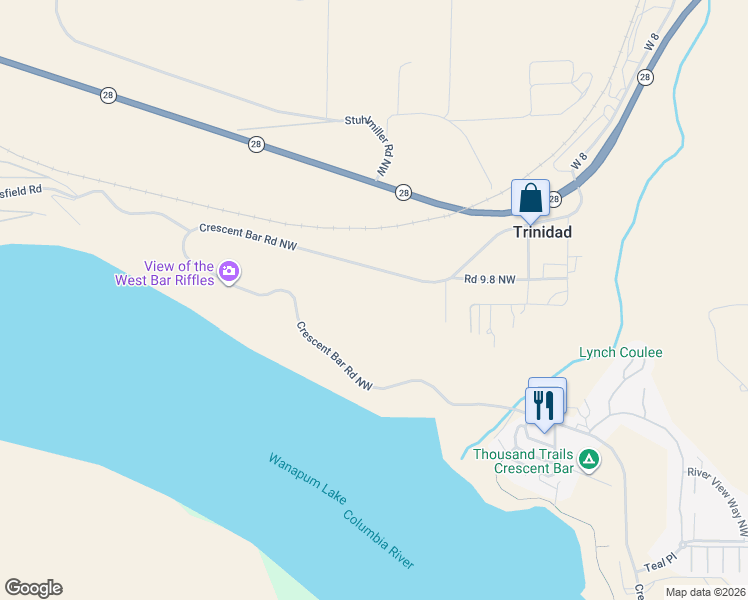 map of restaurants, bars, coffee shops, grocery stores, and more near 1091 Crescent Bar Road Northwest in Quincy