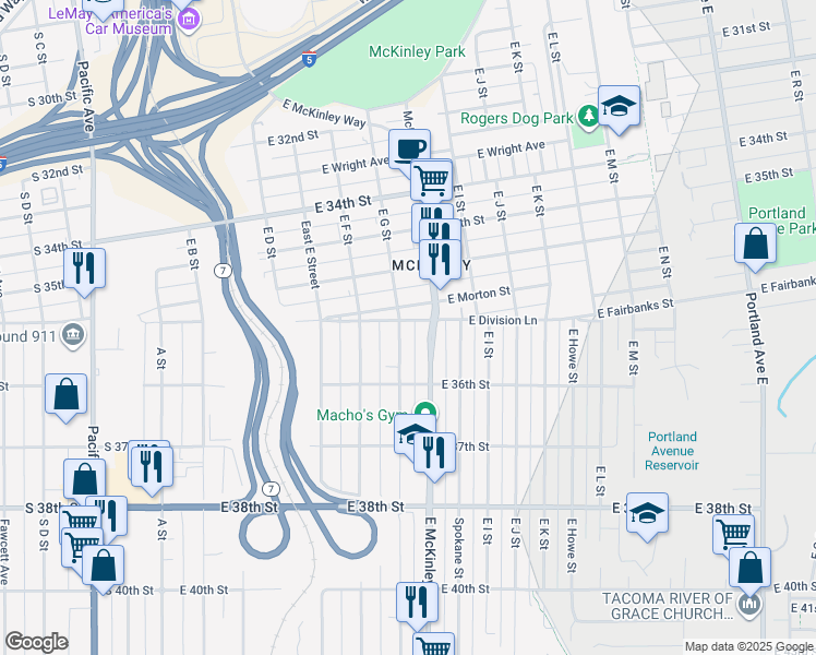 map of restaurants, bars, coffee shops, grocery stores, and more near 3574 McKinley Avenue in Tacoma