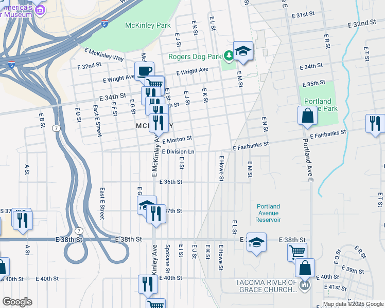 map of restaurants, bars, coffee shops, grocery stores, and more near 3562 East J Street in Tacoma