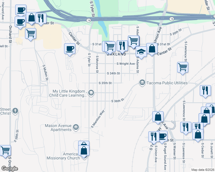 map of restaurants, bars, coffee shops, grocery stores, and more near 3518 South Madison Street in Tacoma