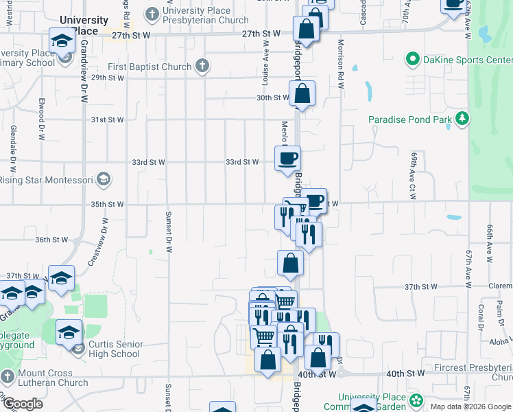 map of restaurants, bars, coffee shops, grocery stores, and more near in Fircrest