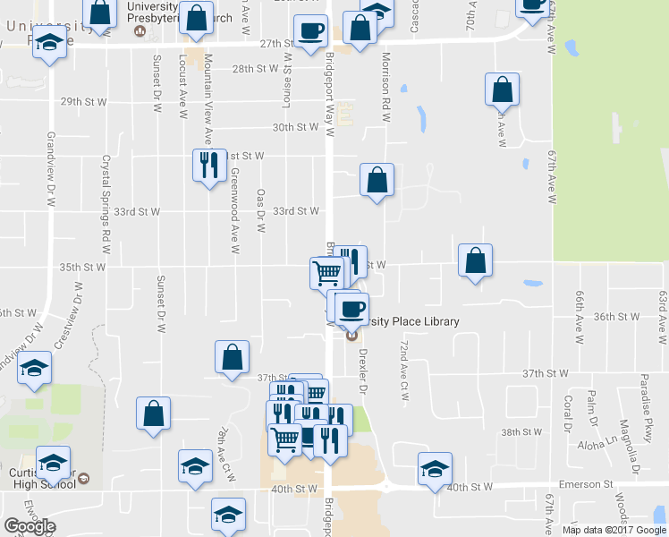 map of restaurants, bars, coffee shops, grocery stores, and more near 7421 Market Street in University Place