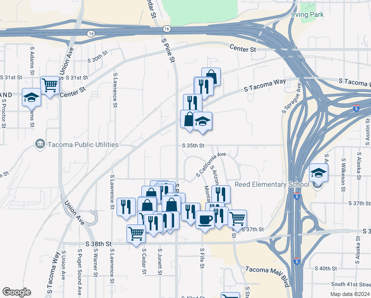 map of restaurants, bars, coffee shops, grocery stores, and more near 3520-3523 South Pine Street in Tacoma