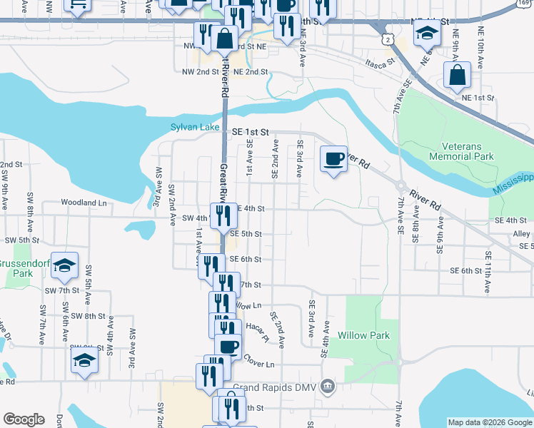 map of restaurants, bars, coffee shops, grocery stores, and more near 105 Southeast 5th Street in Grand Rapids