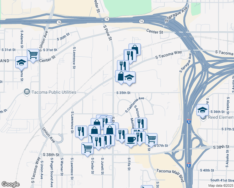 map of restaurants, bars, coffee shops, grocery stores, and more near 3520-3523 South Pine Street in Tacoma