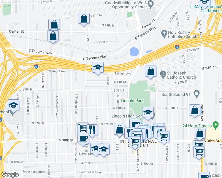 map of restaurants, bars, coffee shops, grocery stores, and more near 3419 South K Street in Tacoma