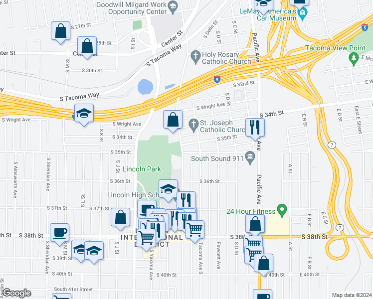 map of restaurants, bars, coffee shops, grocery stores, and more near 3571 South G Street in Tacoma