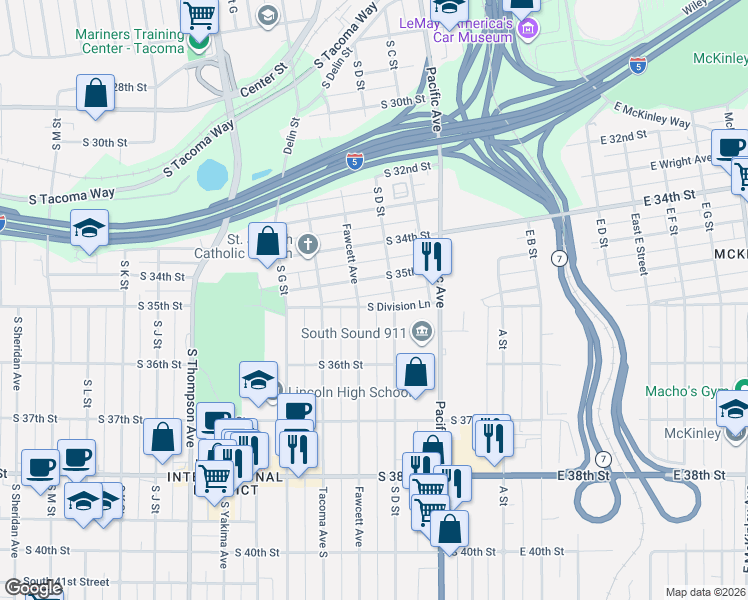 map of restaurants, bars, coffee shops, grocery stores, and more near 3575 Fawcett Avenue in Tacoma