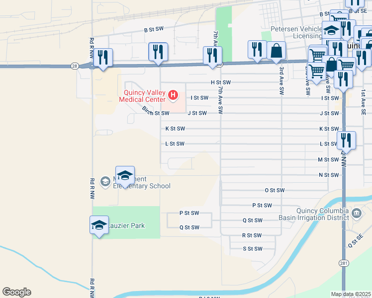 map of restaurants, bars, coffee shops, grocery stores, and more near 7 K Street Southwest in Quincy