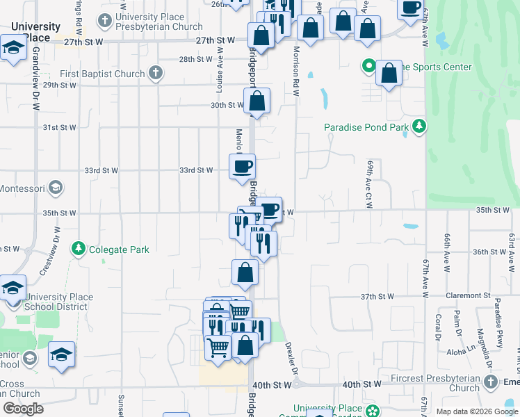 map of restaurants, bars, coffee shops, grocery stores, and more near 3319-3321 Bridgeport Way West in University Place