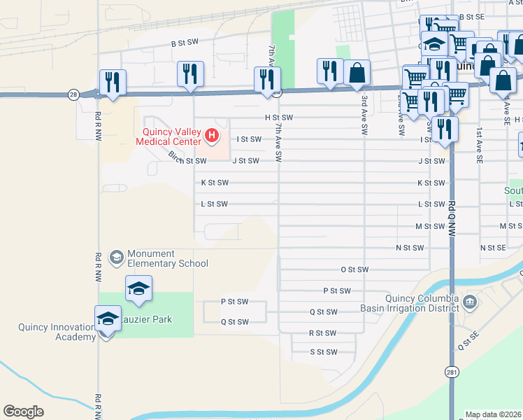 map of restaurants, bars, coffee shops, grocery stores, and more near 719 L Street Southwest in Quincy