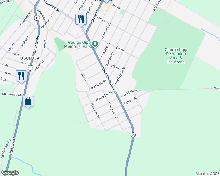 map of restaurants, bars, coffee shops, grocery stores, and more near 601-699 Isle Royale Street in Laurium