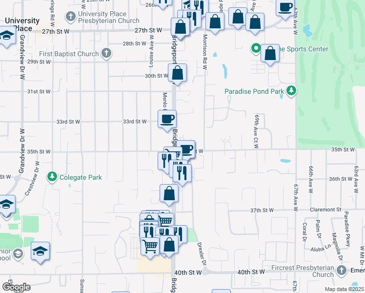 map of restaurants, bars, coffee shops, grocery stores, and more near 3319-3321 Bridgeport Way West in University Place