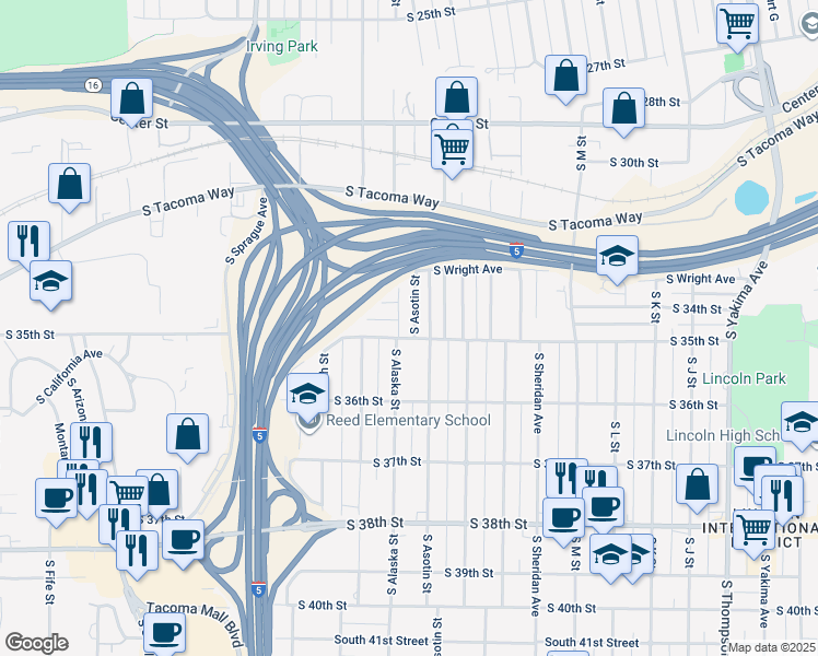 map of restaurants, bars, coffee shops, grocery stores, and more near 3325 South Asotin Street in Tacoma