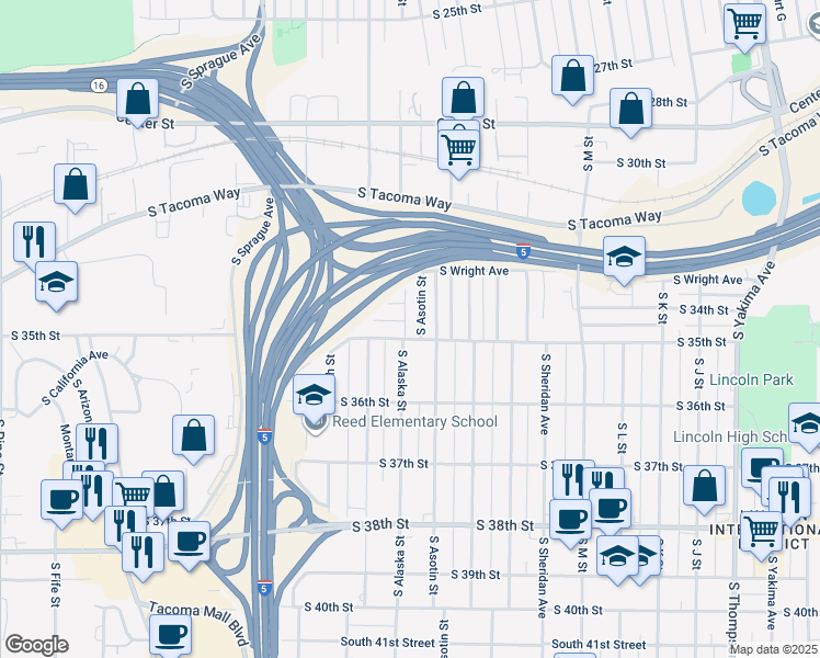 map of restaurants, bars, coffee shops, grocery stores, and more near 3325 South Asotin Street in Tacoma