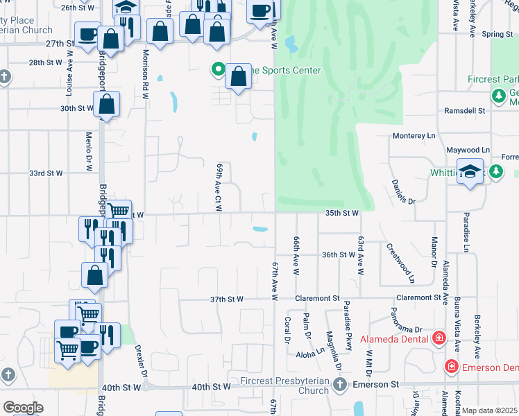 map of restaurants, bars, coffee shops, grocery stores, and more near 6709-6711 35th Street West in University Place