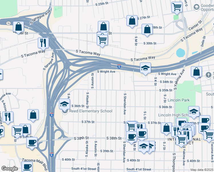 map of restaurants, bars, coffee shops, grocery stores, and more near 3326 South Ainsworth Avenue in Tacoma